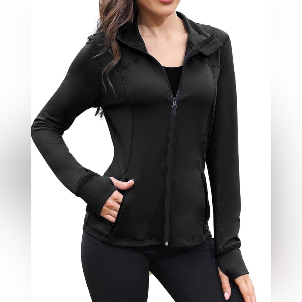 Lululemon Inspired Black Women's Full Length Zip Jacket with Thumb Holes